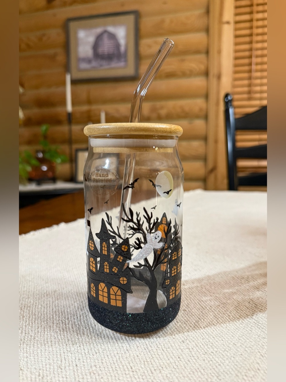 HALLOWEEN GHOST Glass Tumbler with Glass Straw